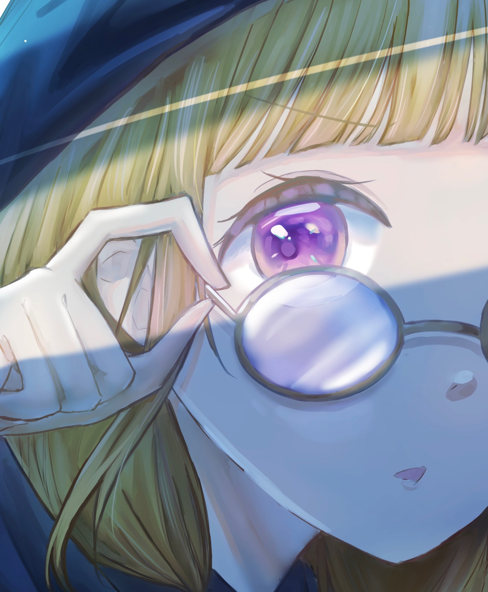 tikuwa l, kachimachi kosuzu, link! like! love live!, love live!, commentary request, highres, 1girl, adjusting eyewear, blunt bangs, brown hair, close-up, glasses, i my mayday, long hair, looking at viewer, official alternate costume, opaque glasses, parted lips, purple eyes, sidelocks, solo, virtual youtuber
