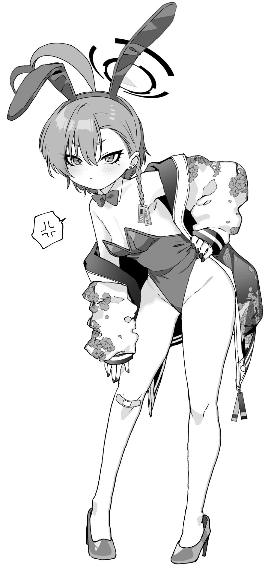shigeta (yankeehamama), neru (blue archive), neru (bunny) (blue archive), blue archive, commentary request, highres, 1girl, ahoge, anger vein, animal ear hairband, animal ears, asymmetrical hair, bandaid, bandaid on knee, bandaid on leg, bow, bowtie, braid, detached collar, fake animal ears, full body, greyscale, hairband, halo, hand on own hip, high heels, huge ahoge, jacket, leaning forward, leotard, mole, mole under each eye, mole under eye, monochrome, multiple moles, oversized breast cup, playboy bunny, print jacket, rabbit ears, short hair, single braid, solo, spoken anger vein, strapless, strapless leotard, sukajan, tag