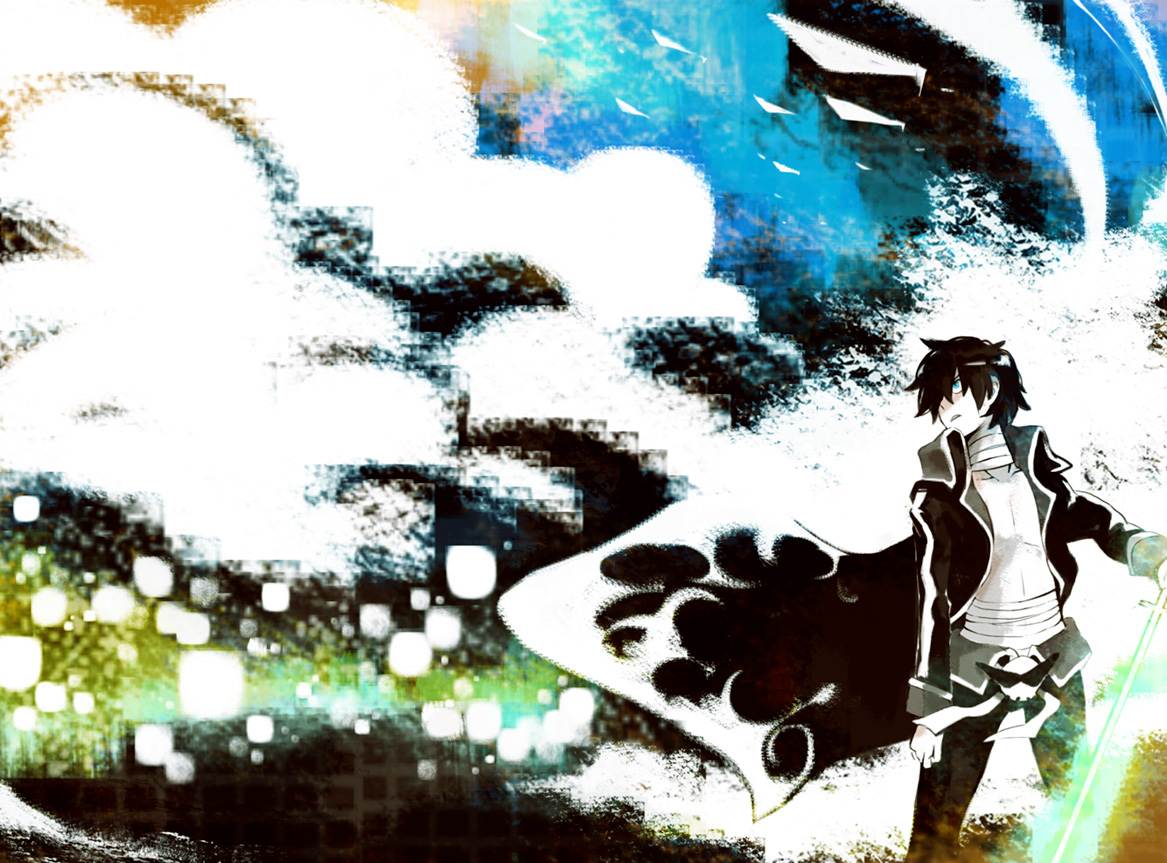 hoshitsu, garlock simon, simon (ttgl), tengen toppa gurren lagann, bad id, bad pixiv id, 00s, 1boy, black hair, blue eyes, coat, male focus, partially colored, sarashi, short hair, solo, trench coat