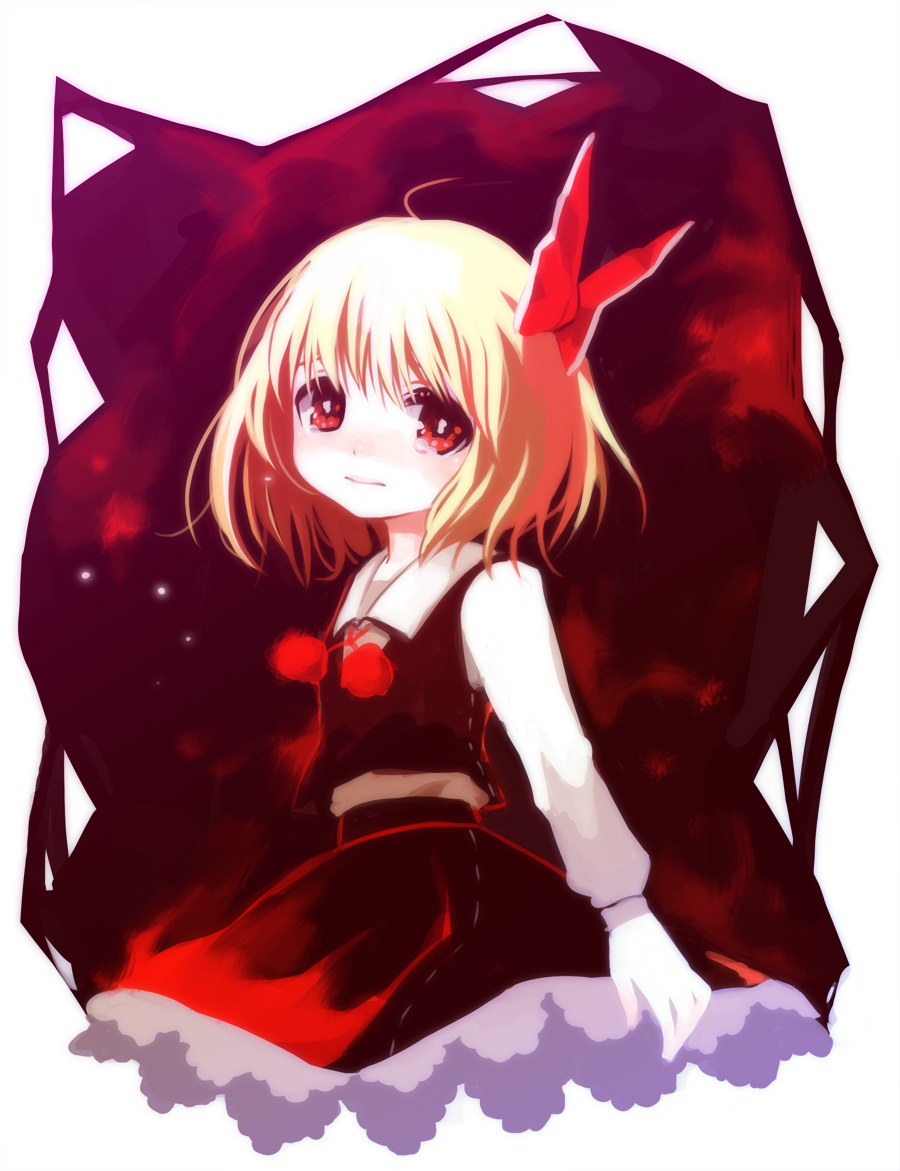 nishiki koi, rumia, embodiment of scarlet devil, touhou, 1girl, blonde hair, female focus, red eyes, ribbon, short hair, solo, standing, tears
