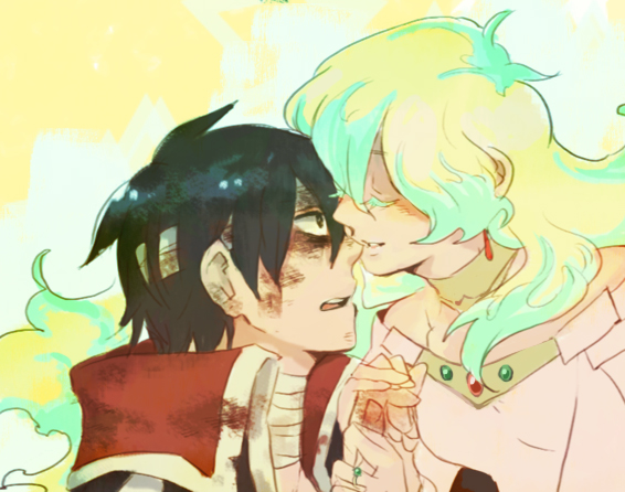 hoshitsu, garlock simon, nia teppelin, simon (ttgl), tengen toppa gurren lagann, bad id, bad pixiv id, 00s, bandages, black hair, choker, holding hands, multicolored hair