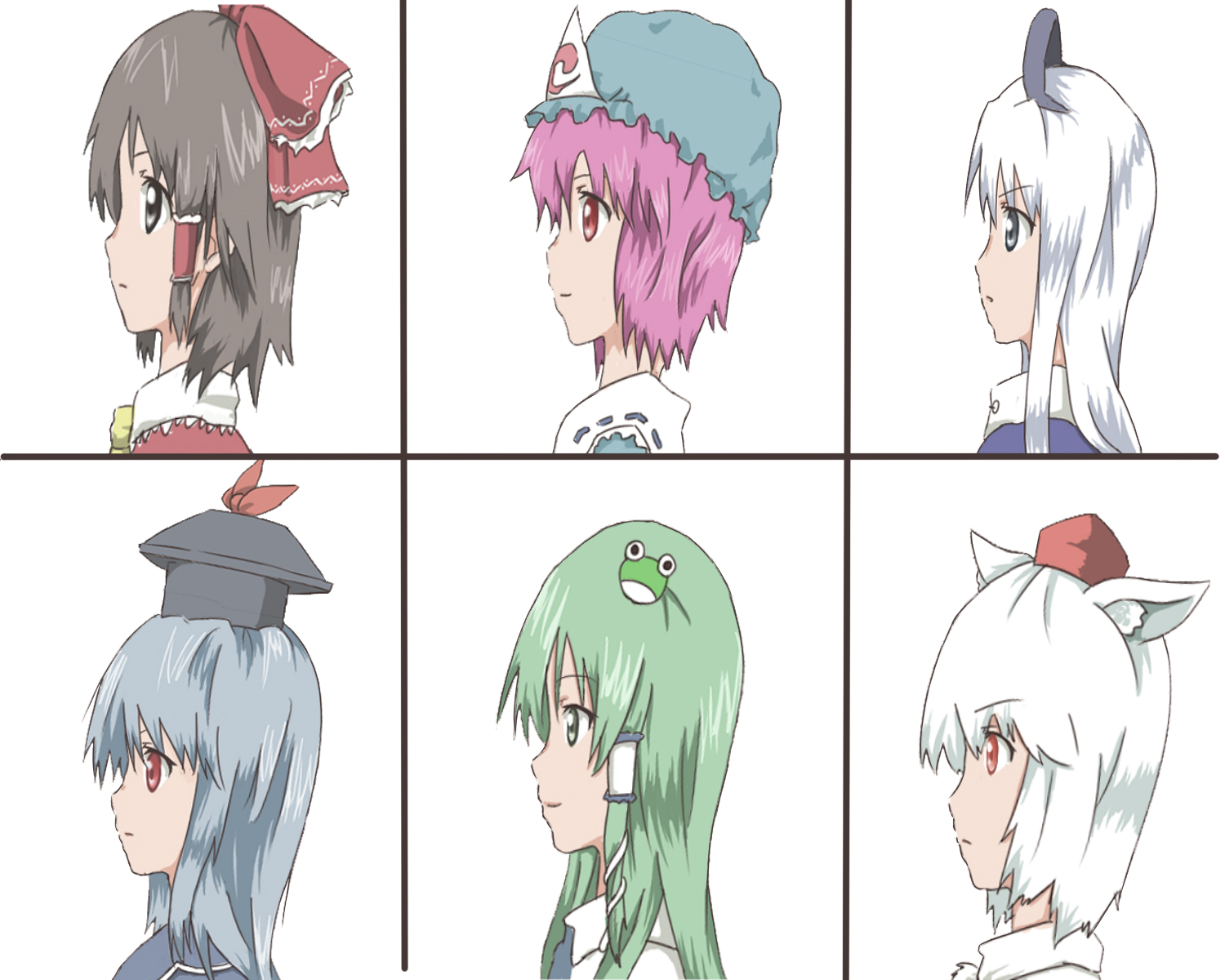 shirataki, shirotaki, hakurei reimu, inubashiri momiji, kamishirasawa keine, kochiya sanae, saigyouji yuyuko, yagokoro eirin, touhou, bad id, bad pixiv id, highres, 6+girls, animal ears, blue hair, bow, brown hair, female focus, frog hair ornament, green eyes, green hair, grey eyes, group picture, group profile, hair bow, hair ornament, hair tubes, hat, lineup, long hair, multiple girls, pink hair, profile, red eyes, short hair, smile, snake hair ornament, tokin hat, triangular headpiece, white hair, wolf ears