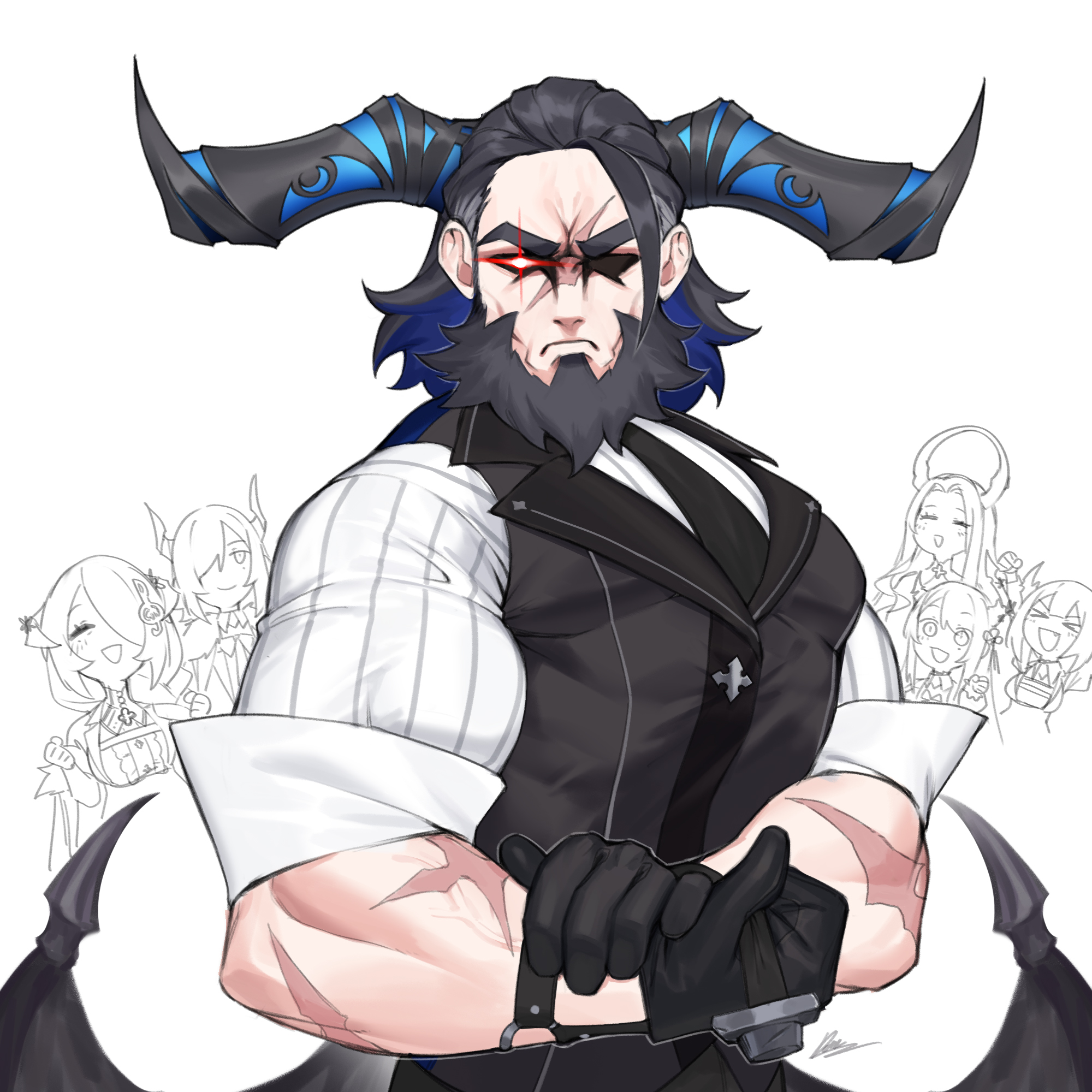 dasdokter, aradia ravencroft, malpha ravencroft, malphis ravencroft ii, mamarissa, nerissa ravencroft, paparissa, hololive, hololive english, commentary, english commentary, highres, 2boys, 3girls, beard, black gloves, black hair, demon horns, demon wings, facial hair, family, flexing, gloves, horns, long hair, looking at viewer, multiple boys, multiple girls, muscular, muscular male, red eyes, scar, solo focus, virtual youtuber, wings