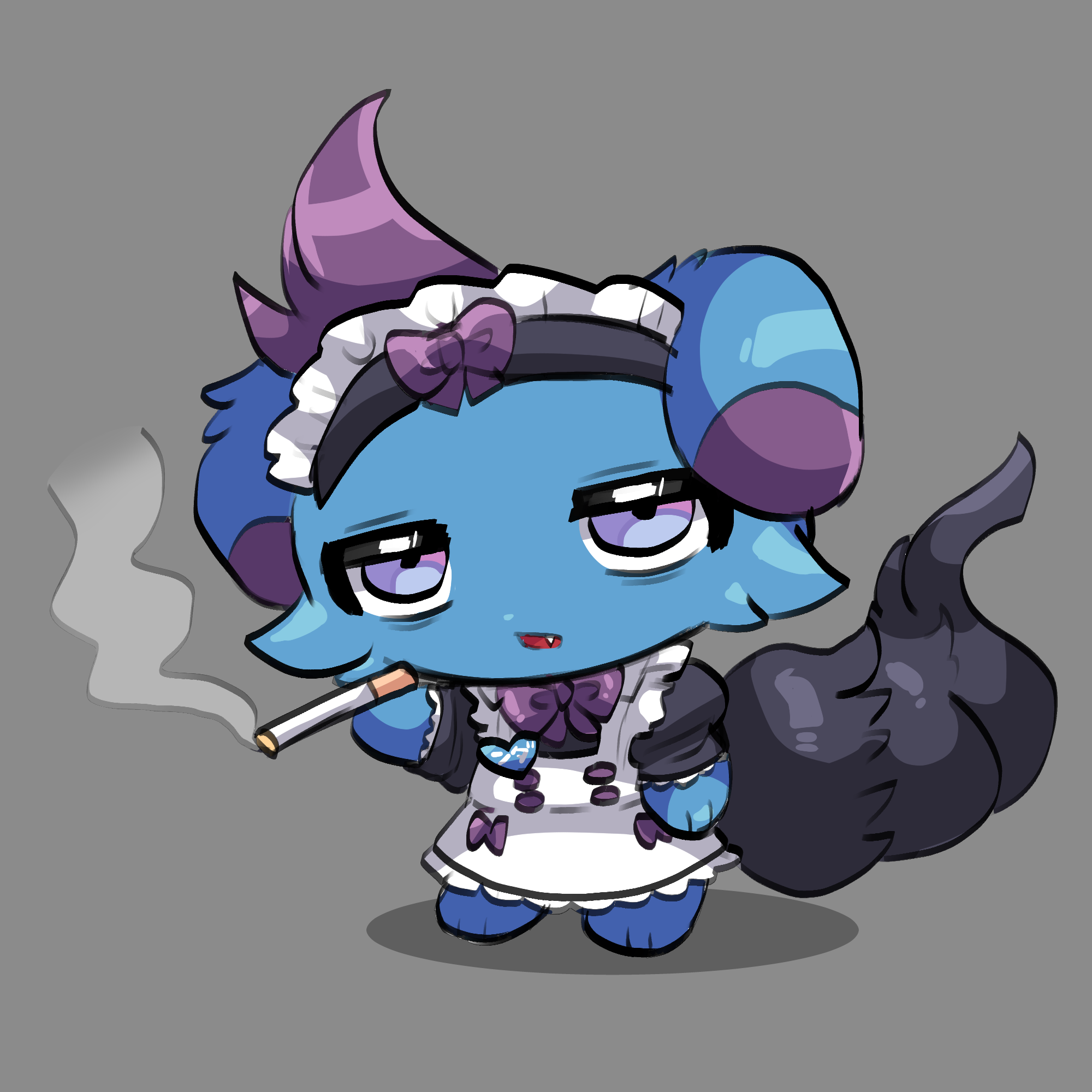 murasakigezi, depresso, palworld, highres, animal ears, apron, blue skin, cigarette, colored skin, fang, grey background, holding, holding cigarette, maid apron, maid headdress, no humans, open mouth, pal (creature), purple eyes, smoking