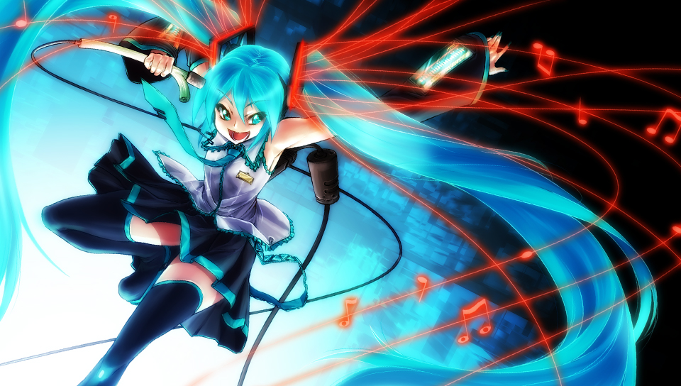 nekomamire, hatsune miku, vocaloid, 1girl, blue eyes, blue hair, female focus, long hair, matching hair/eyes, microphone, musical note, musical staff, necktie, notes, skirt, solo, spring onion, thighhighs, twintails, very long hair