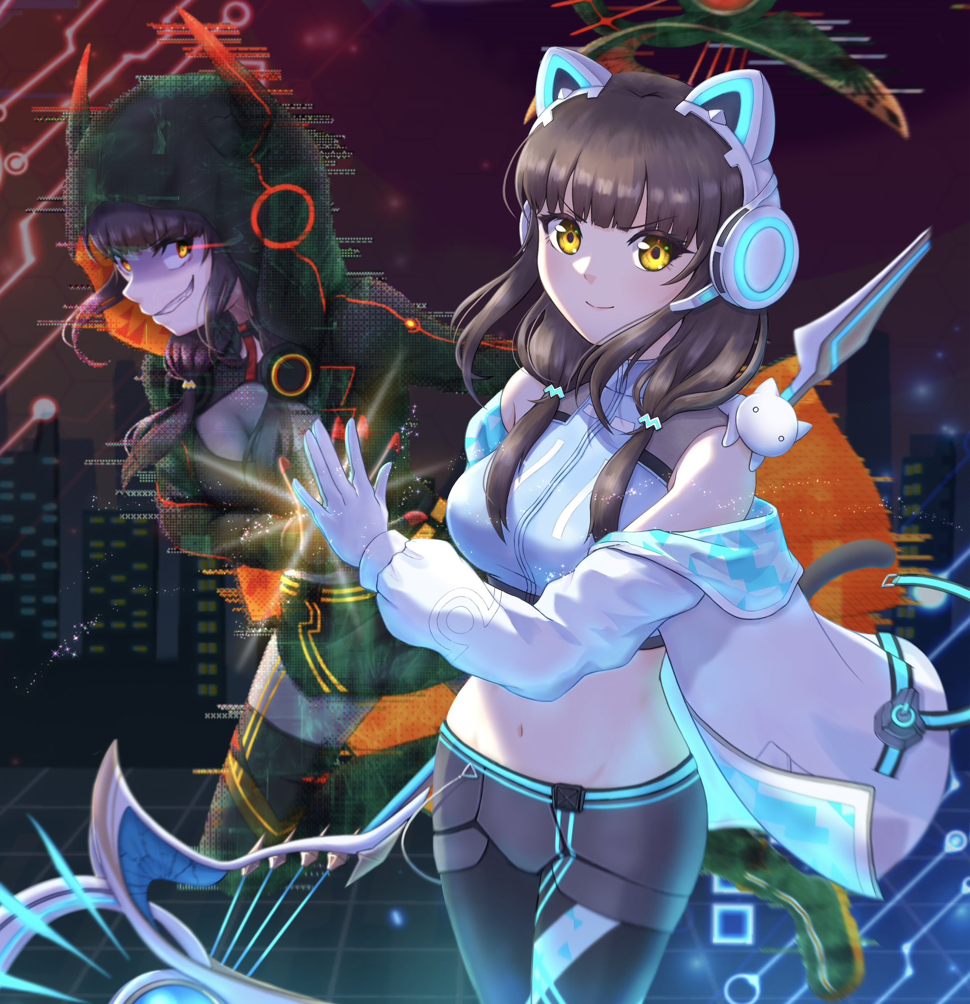 asakura karen (heaven burns red), heaven burns red, highres, 1girl, 2girls, alternate costume, animal, animal ear headphones, animal ears, animal hood, animal on shoulder, arrow (projectile), bare shoulders, bavtb, black hair, black pants, black shirt, black shorts, black thighhighs, blunt bangs, boots, bow (weapon), breasts, brown hair, building, cat ear headphones, cat ears, cat hood, cityscape, cleavage, cleavage cutout, closed mouth, clothing cutout, crop top, dual persona, duel monster, evil smile, fake animal ears, fake horns, gloves, glowing, glowing eyes, headphones, headset, holding, holding bow (weapon), holding scythe, holding weapon, hood, hood up, hooded jacket, hoodie, horns, jacket, large breasts, long hair, long sleeves, looking at viewer, low twintails, mechanical horns, medium breasts, midriff, multicolored jacket, multiple girls, navel, neon trim, off shoulder, official alternate costume, open clothes, open jacket, pants, scythe, shirt, short shorts, shorts, sidelocks, sleeveless, sleeveless shirt, smile, standing, stomach, tail, teeth, thighhighs, twintails, two-sided fabric, two-sided jacket, two-tone shirt, weapon, white gloves, white jacket, yellow eyes