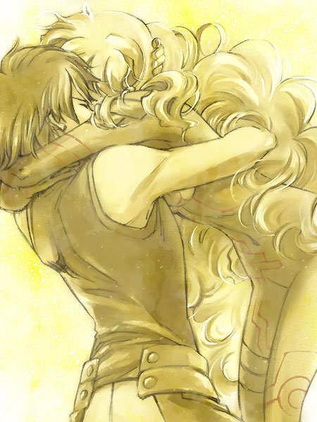 akutsu (yuumi), antispiral nia, nia teppelin, simon (ttgl), tengen toppa gurren lagann, 00s, 1boy, 1girl, couple, curly hair, hetero, hug
