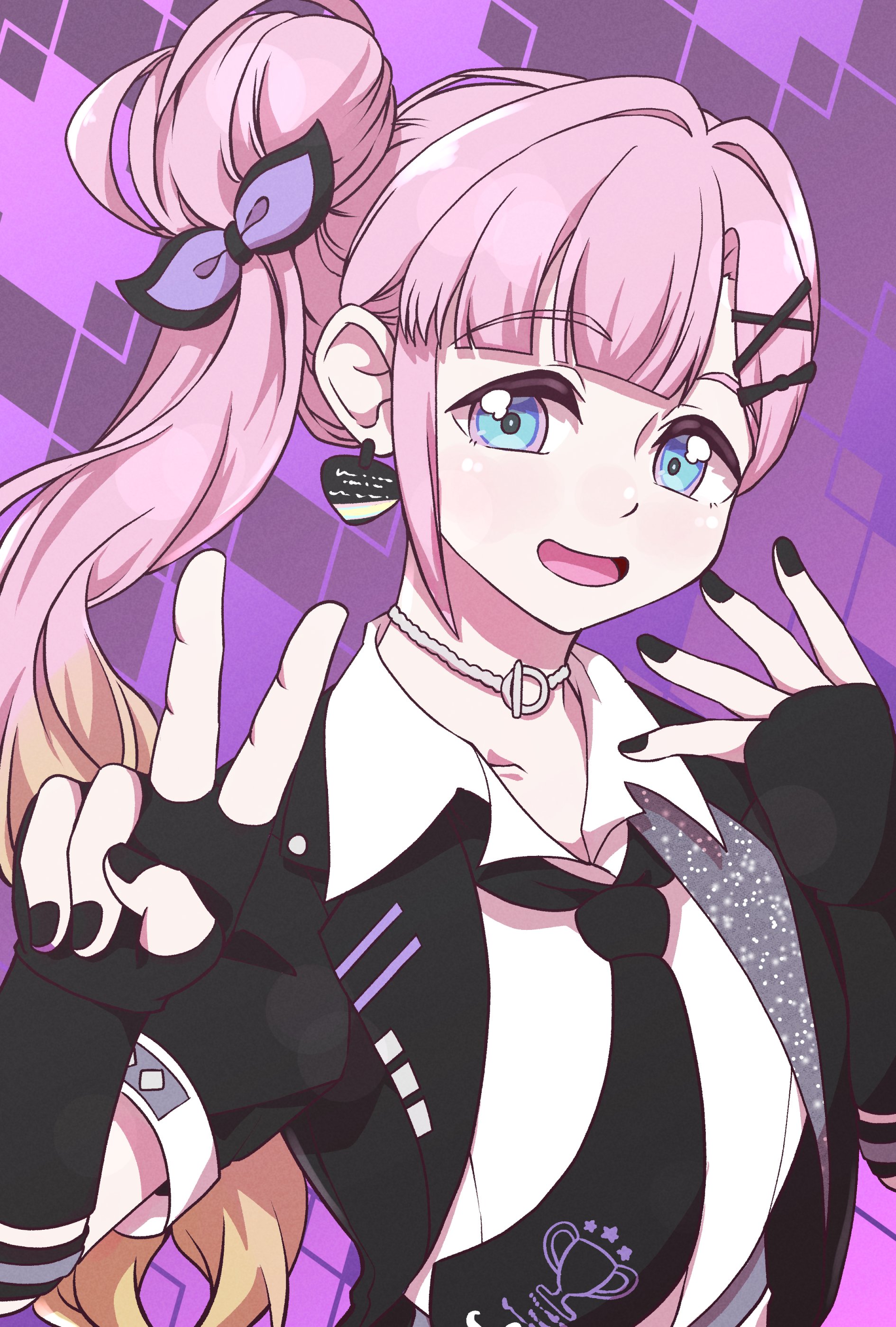 sivematsu, anyoji hime, link! like! love live!, love live!, absurdres, commentary request, highres, 1girl, :d, black gloves, black jacket, black necktie, chain choker, choker, collarbone, collared shirt, earrings, elbow gloves, fingerless gloves, gloves, hair bun, hair ornament, i do me! (love live!), jacket, jewelry, long hair, looking at viewer, necktie, o-ring, o-ring choker, official alternate costume, official alternate hairstyle, open clothes, open jacket, open mouth, plectrum, purple background, shirt, short-sleeved jacket, short sleeves, side ponytail, simple background, single side bun, single sidelock, smile, solo, upper body, v, virtual youtuber, white shirt, x hair ornament