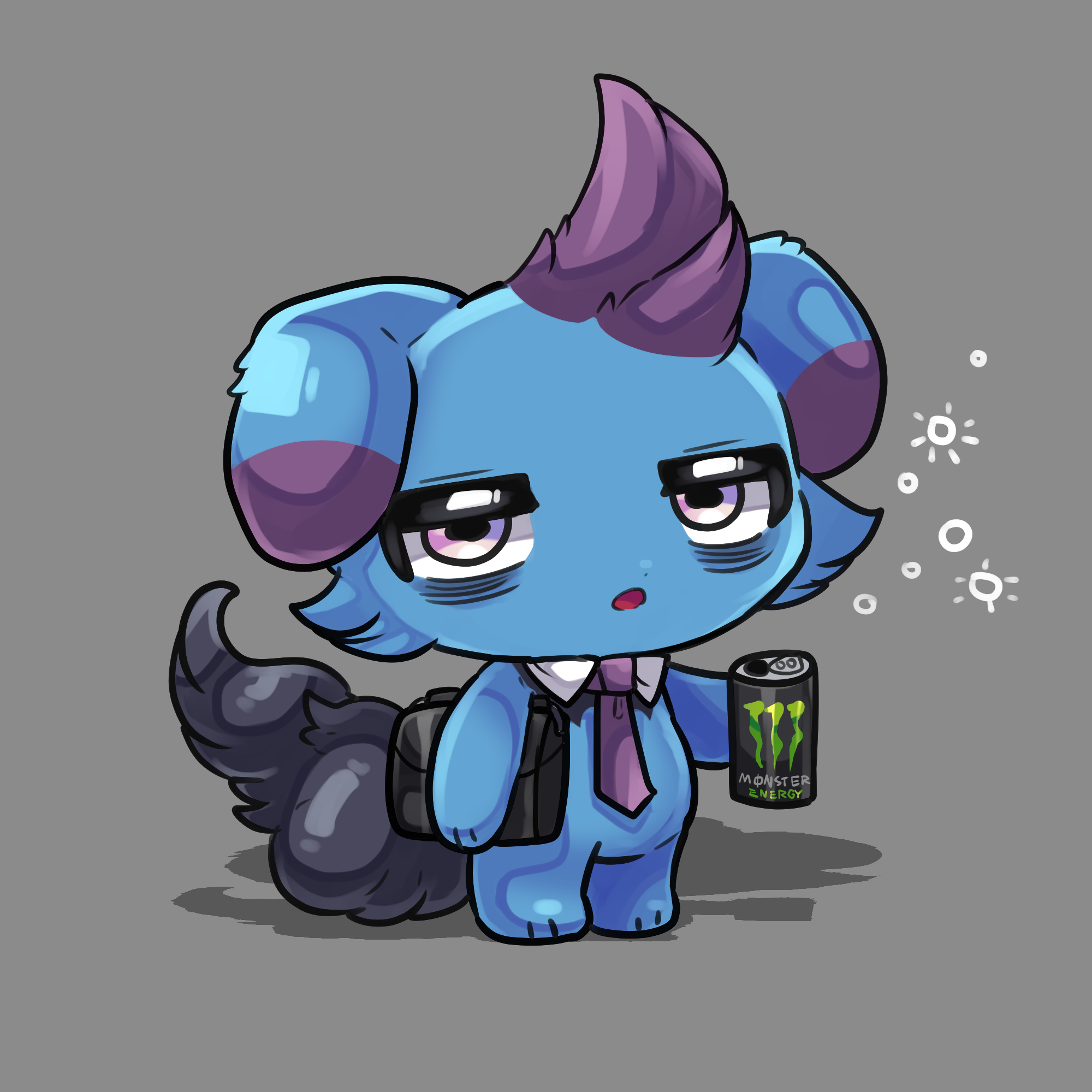 murasakigezi, depresso, monster energy, palworld, highres, animal ears, bags under eyes, black bag, blue skin, can, colored skin, grey background, holding, holding can, necktie, no humans, open mouth, pal (creature), purple eyes, purple necktie, squeans