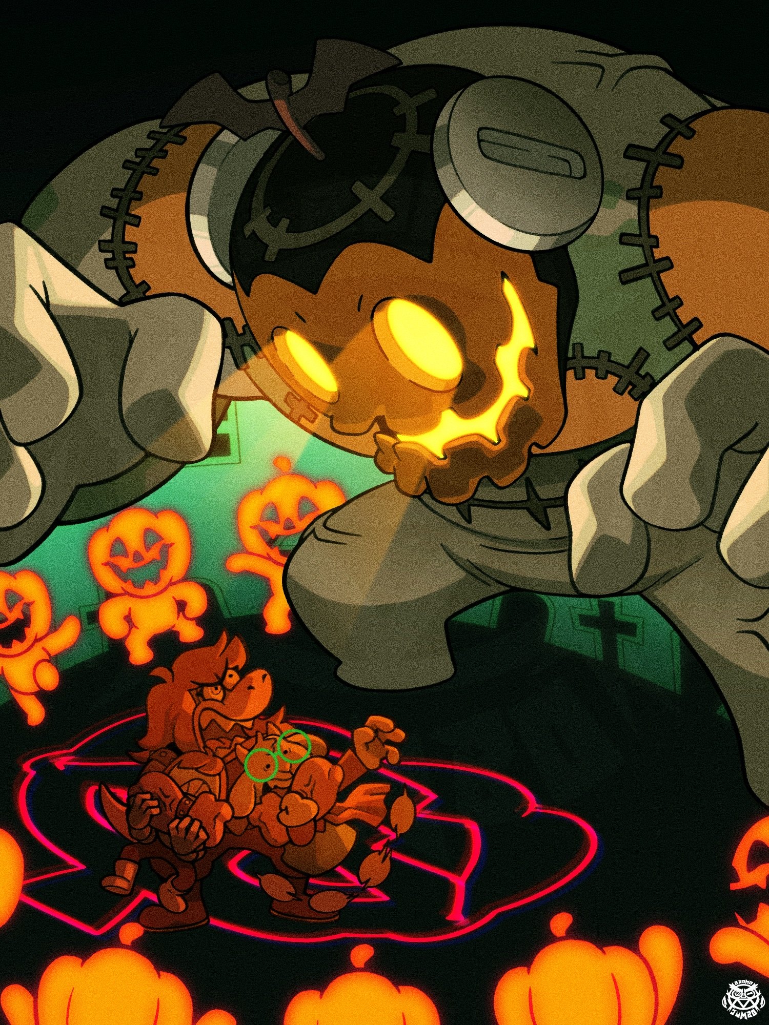 bromojumbo, kris (deltarune), ralsei, susie (deltarune), deltarune, utdr (toby fox), highres, 1boy, 1other, 2girls, claw pose, flailing, glowing, glowing eyes, glowing mouth, green-framed eyewear, jack-o'-lantern, jackenstein (deltarune), multiple girls, muscular, muscular female, open mouth, pumpkin, round eyewear, size difference, standing