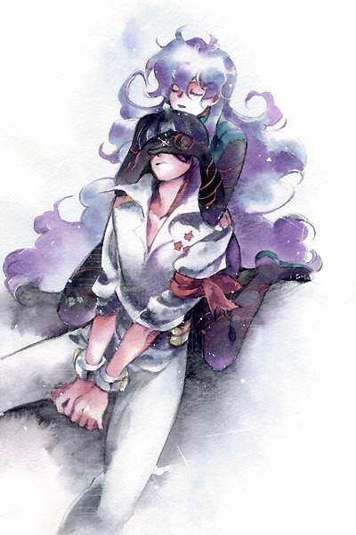 akutsu (yuumi), antispiral nia, nia teppelin, simon (ttgl), tengen toppa gurren lagann, 00s, 1boy, 1girl, bdsm, belt, between legs, black hair, blue hair, bodysuit, bondage, bound, bound arms, closed eyes, collarbone, couple, covering own eyes, cuffs, hand between legs, handcuffs, hands on another's face, hetero, long hair, neon trim, purple eyes, shackles, shirt, sitting, skin tight, very long hair, wariza