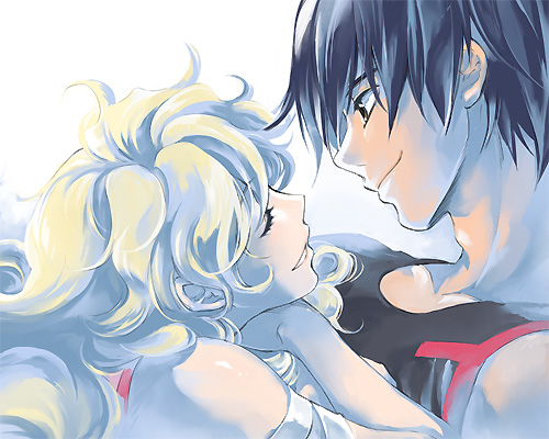 akutsu (yuumi), nia teppelin, simon (ttgl), tengen toppa gurren lagann, lowres, 00s, 1boy, 1girl, blue hair, closed eyes, couple, happy, hetero, multicolored hair, smile