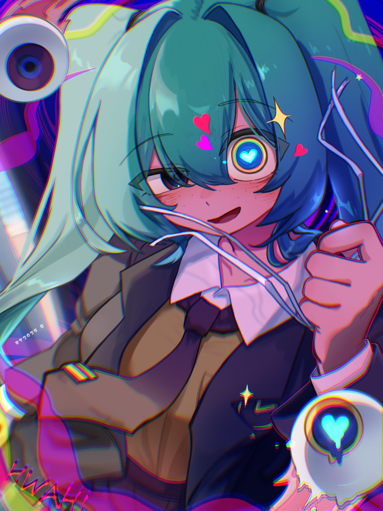 karasu2020 8, hatsune miku, monitoring (vocaloid), vocaloid, highres, 1girl, blue eyes, blue hair, blush, chromatic aberration, collared shirt, eyeball, hair between eyes, heart, heart-shaped pupils, heavy chromatic aberration, holding eyepatch, jacket, light rays, looking at viewer, necktie, open clothes, open jacket, open mouth, purple jacket, purple necktie, shirt, sidelocks, sparkle, symbol-shaped pupils, twintails