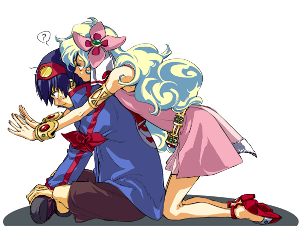akutsu (yuumi), nia teppelin, simon (ttgl), tengen toppa gurren lagann, 00s, 1boy, 1girl, ?, blue hair, couple, curly hair, dress, hetero, hug, hug from behind, jewelry, multicolored hair, short hair