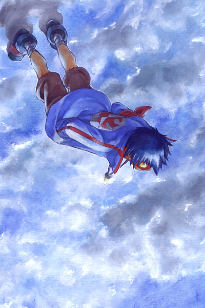 akutsu (yuumi), simon (ttgl), tengen toppa gurren lagann, 00s, 1boy, blue boots, blue hair, boots, cloud, day, full body, jewelry, male focus, necklace, outdoors, sky, solo, standing, upside-down