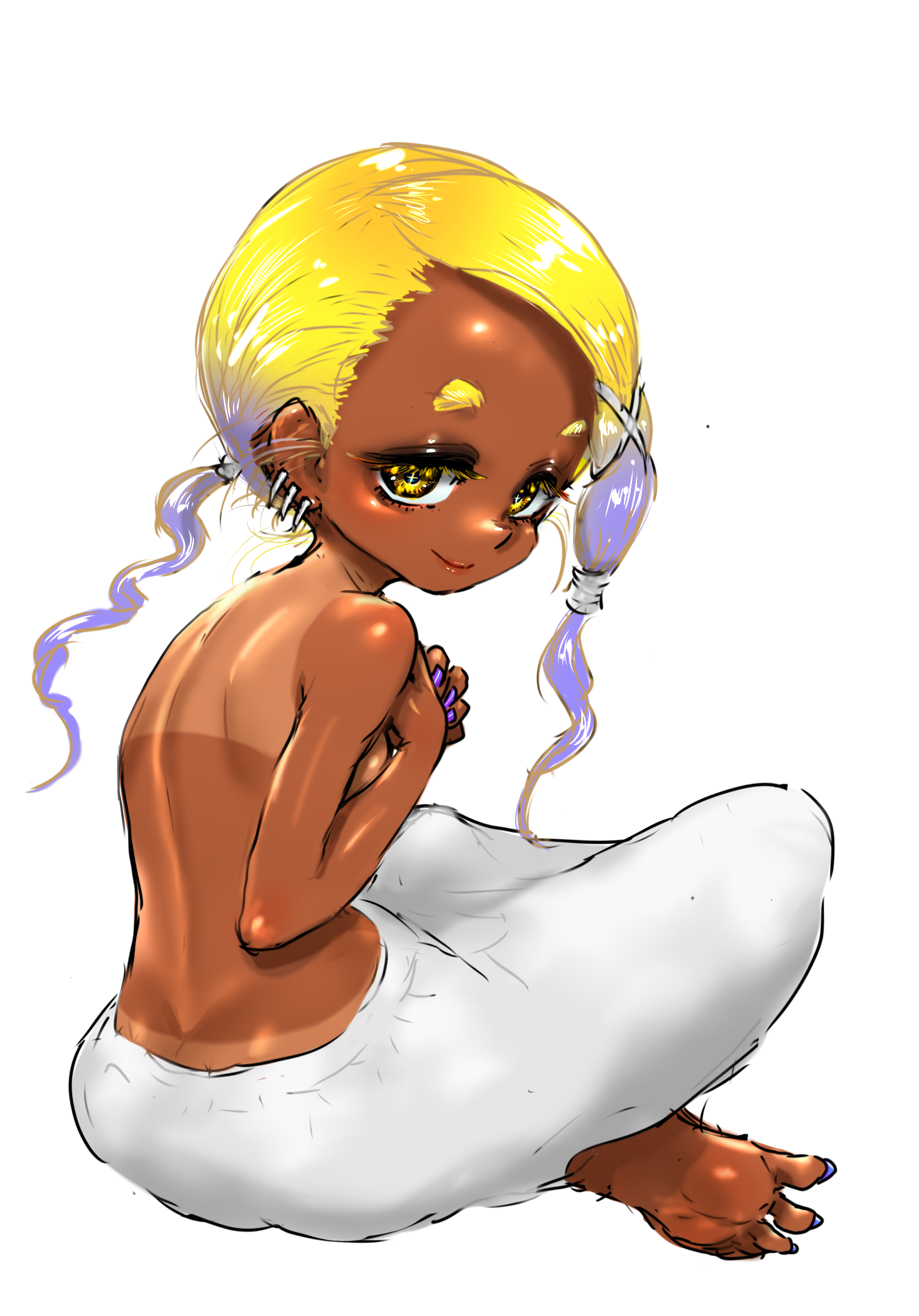 koharu2.5, frye (splatoon), nintendo, splatoon (series), highres, 1girl, blonde hair, covering breasts, covering privates, dark-skinned female, dark skin, earrings, from behind, full body, gradient hair, harem pants, indian style, jewelry, looking at viewer, looking back, multicolored hair, multiple earrings, pants, polka dot, polka dot hair, purple hair, purple nails, simple background, sitting, smile, solo, talking, tan, tanline, topless female, white background, yellow eyes