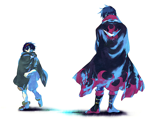 akutsu (yuumi), simon (ttgl), tengen toppa gurren lagann, 00s, 2boys, aged down, aged up, blue hair, boots, cloak, coat, dual persona, full body, male focus, multiple boys, time paradox, trench coat, white background