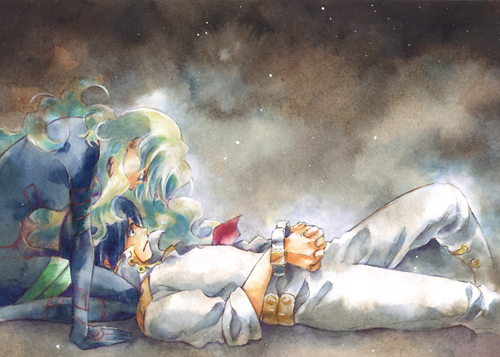 akutsu (yuumi), antispiral nia, nia teppelin, simon (ttgl), tengen toppa gurren lagann, looking away, 00s, 1boy, 1girl, arm support, bent over, blonde hair, blue eyes, blue hair, bodysuit, breasts, couple, cuffs, hands on own stomach, hetero, lap pillow, long hair, looking down, lying, multicolored hair, on back, popped collar, profile, shackles, skin tight, very long hair