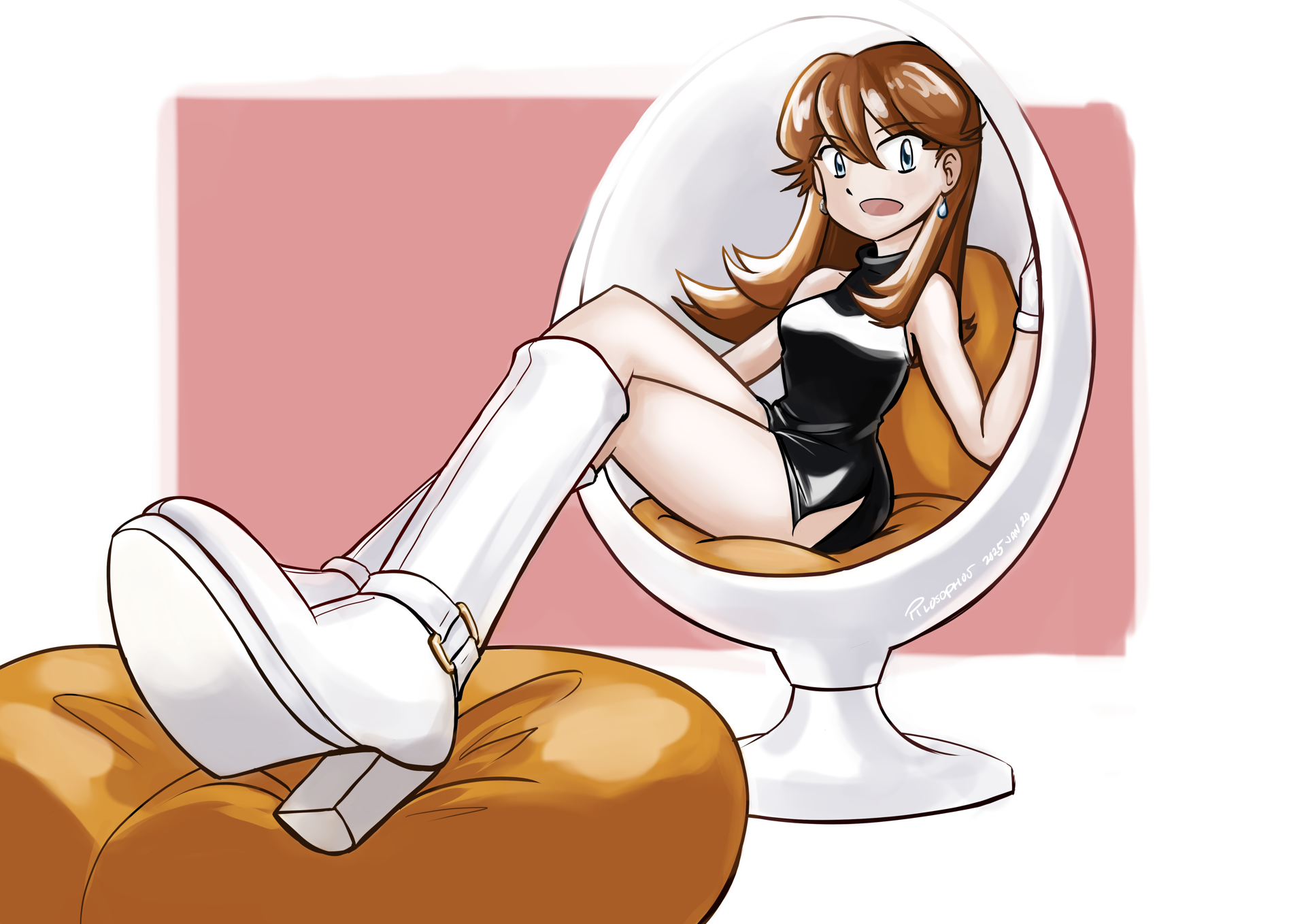 pilosophos, green (pokemon), nintendo, pokemon, pokemon adventures, highres, 1girl, ahoge, arm at side, bare shoulders, black dress, blue eyes, boots, breasts, brown hair, chair, crossed legs, dress, earrings, egg chair, eyelashes, female focus, full body, gloves, hair between eyes, hand up, high heel boots, high heels, indoors, jewelry, knee boots, knees, legs, long hair, looking at viewer, medium breasts, open mouth, outstretched legs, parted bangs, pendant, shoe soles, short dress, side slit, sidelocks, sitting, sleeveless, sleeveless dress, thighs, tight clothes, tight dress, turtleneck, turtleneck dress, white boots, white gloves