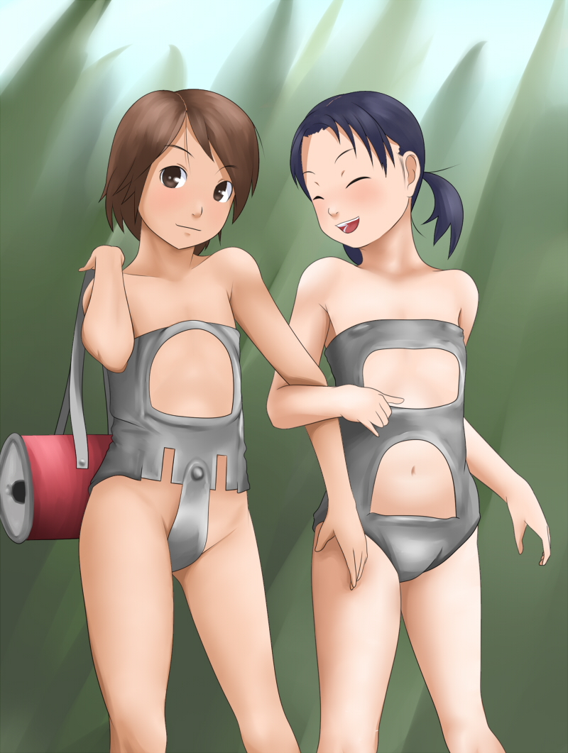 hentai oyaji, original, arm grab, bad id, bad pixiv id, 2girls, bag, bare shoulders, blue hair, blush, brown eyes, brown hair, flat chest, groin, happy, holding another's arm, loli, lowleg, multiple girls, one-piece swimsuit, short hair, smile, strapless, strapless one-piece swimsuit, swimsuit