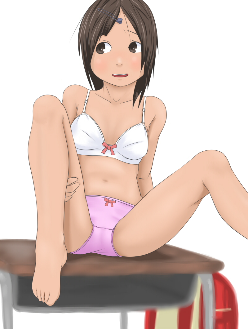 hentai oyaji, original, bad id, bad pixiv id, 1girl, barefoot, bra, brown eyes, brown hair, desk, feet, female focus, hair ornament, hairclip, legs, lingerie, panties, school desk, solo, toes, underwear, underwear only