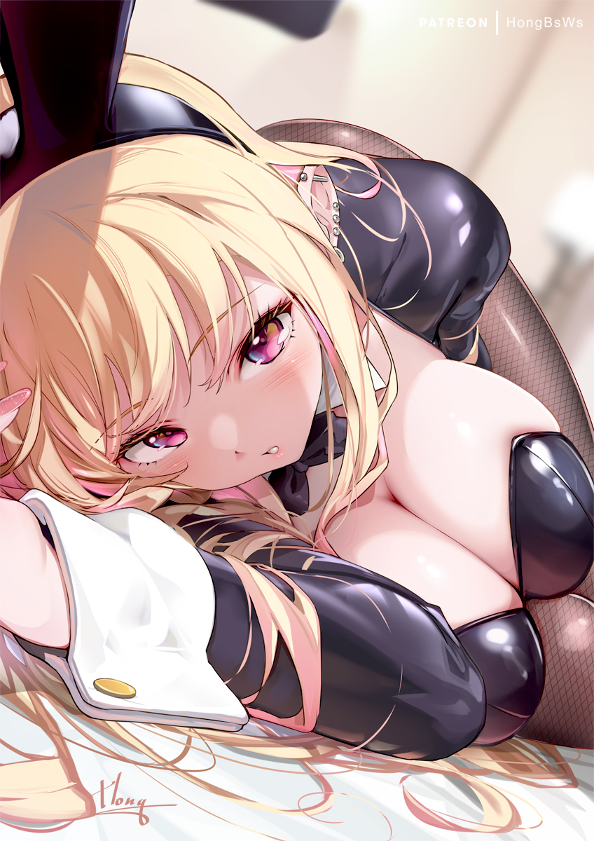 hong (white spider), kitagawa marin, sono bisque doll wa koi wo suru, highres, mixed-language commentary, 1girl, animal ear hairband, animal ears, barbell piercing, black leotard, blonde hair, blush, bow, bowtie, breasts, cleavage, colored tips, detached collar, ear piercing, earrings, fake animal ears, fishnet pantyhose, fishnets, gyaru, hairband, industrial piercing, jewelry, large breasts, leotard, long hair, looking at viewer, lying, multicolored hair, on side, pantyhose, piercing, pink hair, pink nails, playboy bunny, rabbit ear hairband, rabbit ears, red eyes, solo, strapless, strapless leotard, white wrist cuffs, wrist cuffs