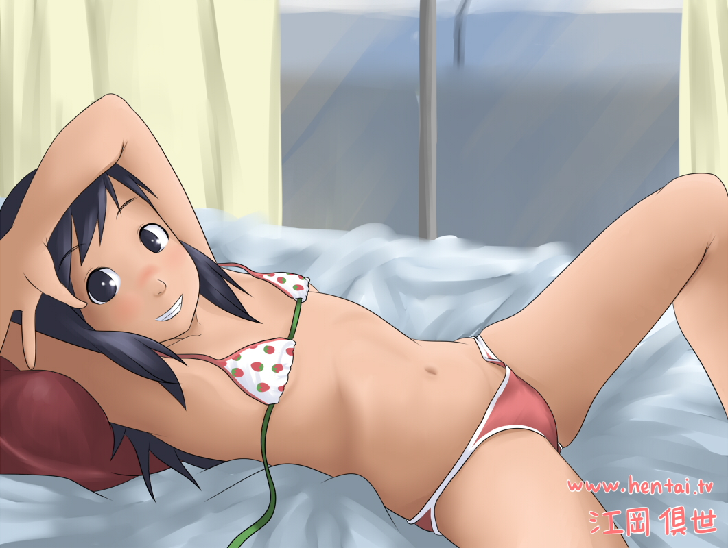 hentai oyaji, original, bad id, bad pixiv id, 1girl, bed, bikini, black eyes, black hair, blush, female focus, flat chest, loli, long hair, lying, solo, swimsuit