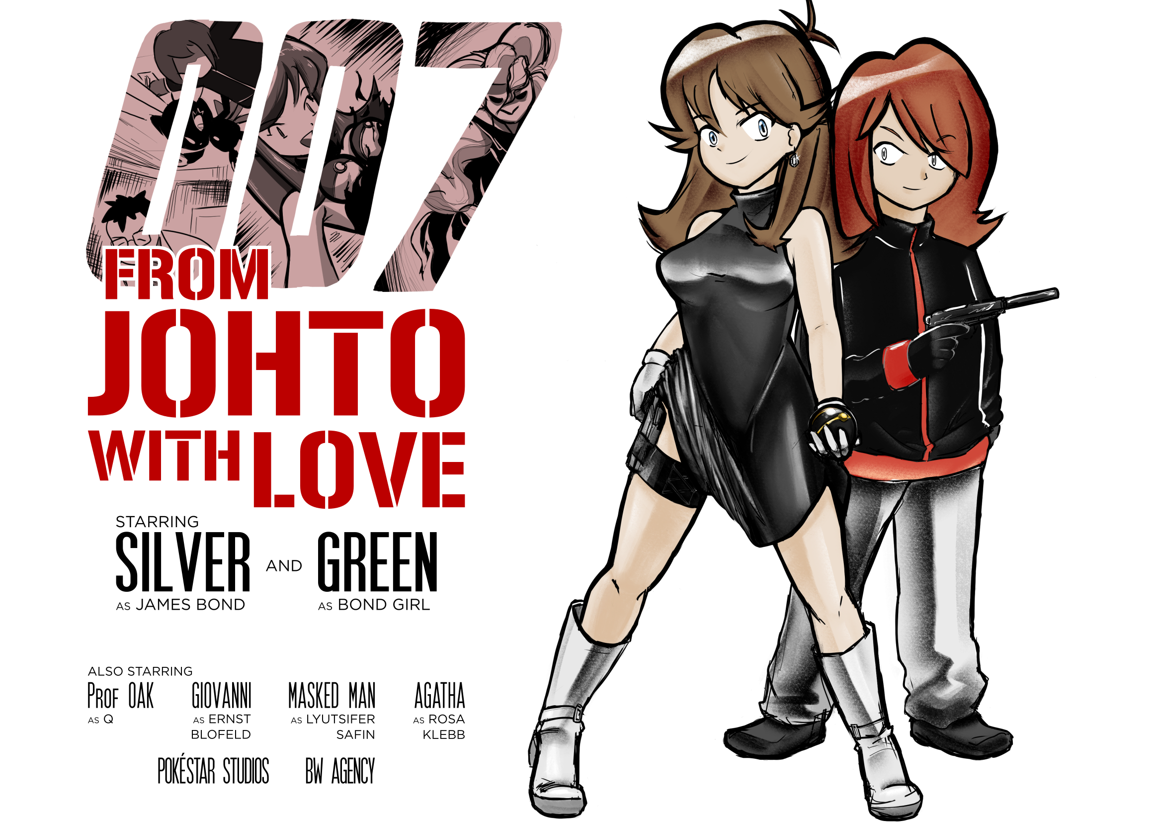 pilosophos, green (pokemon), silver (pokemon), 007, james bond (series), nintendo, pokemon, pokemon adventures, highres, 1boy, 1girl, ahoge, arms at sides, baggy pants, bare shoulders, black dress, blue eyes, boots, breasts, brown hair, cameo, character name, convenient censoring, dress, earrings, english text, eyelashes, full body, gloves, grey eyes, gun, hair between eyes, height difference, high heel boots, high heels, holding, holding gun, holding poke ball, holding weapon, holster, jewelry, knee boots, knees, legs, long hair, long sleeves, looking at viewer, luxury ball, medium breasts, medium hair, pants, parody, parted bangs, pendant, poke ball, red hair, side slit, sidelocks, sleeveless, sleeveless dress, smile, suppressor, swept bangs, thigh holster, thighs, tight clothes, tight dress, torn clothes, torn dress, turtleneck, turtleneck dress, weapon, white background, white boots, white gloves