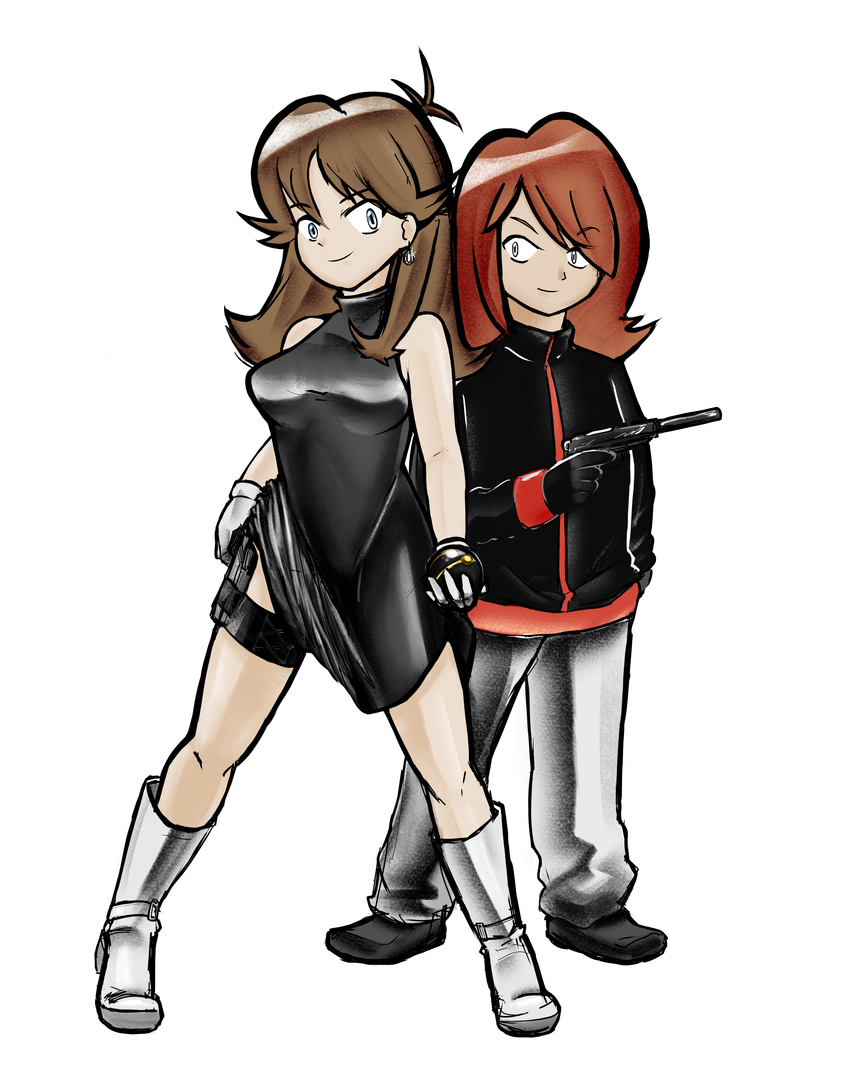 pilosophos, green (pokemon), silver (pokemon), 007, james bond (series), nintendo, pokemon, pokemon adventures, highres, 1boy, 1girl, ahoge, arms at sides, baggy pants, bare shoulders, black dress, blue eyes, boots, breasts, brown hair, dress, earrings, eyelashes, full body, gloves, grey eyes, gun, hair between eyes, height difference, high heel boots, high heels, holding, holding gun, holding poke ball, holding weapon, holster, jewelry, knee boots, knees, legs, long hair, long sleeves, looking at viewer, luxury ball, medium breasts, medium hair, pants, parody, parted bangs, pendant, poke ball, red hair, short dress, side slit, sidelocks, sleeveless, sleeveless dress, smile, standing, suppressor, swept bangs, thigh holster, thighs, tight clothes, tight dress, turtleneck, turtleneck dress, weapon, white background, white boots, white gloves