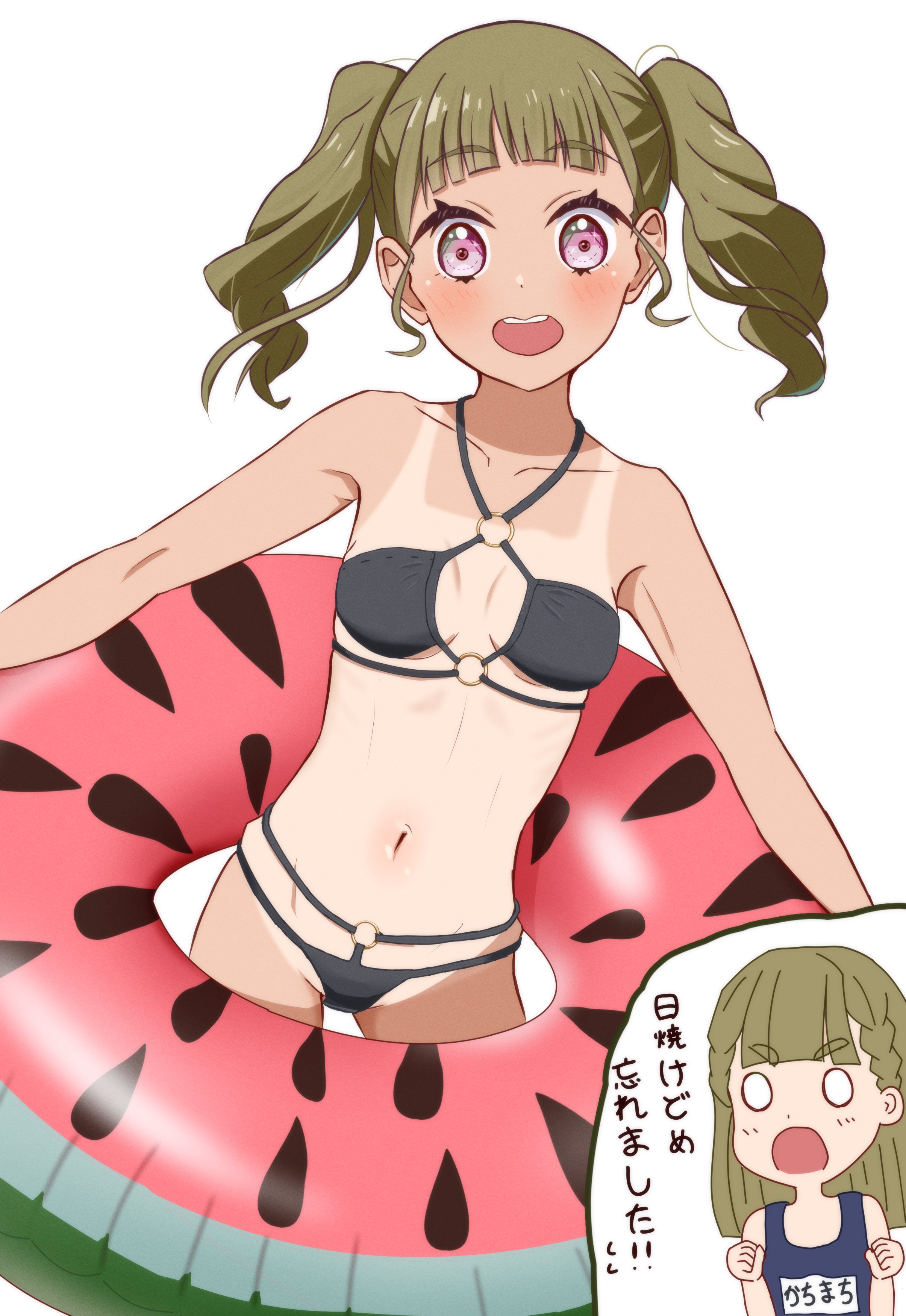 mizoochi league, kachimachi kosuzu, link! like! love live!, love live!, absurdres, commentary request, highres, 0 0, 1girl, :d, alternate costume, bikini, breasts, brown hair, holding, holding swim ring, innertube, linea alba, medium hair, multi-strapped bikini bottom, multi-strapped bikini top, multiple views, name tag, navel, o-ring, o-ring bikini, o-ring bottom, o-ring top, open mouth, pink eyes, school swimsuit, simple background, small breasts, smile, stomach, swim ring, swimsuit, tan, tanline, twintails, virtual youtuber, watermelon innertube, white background