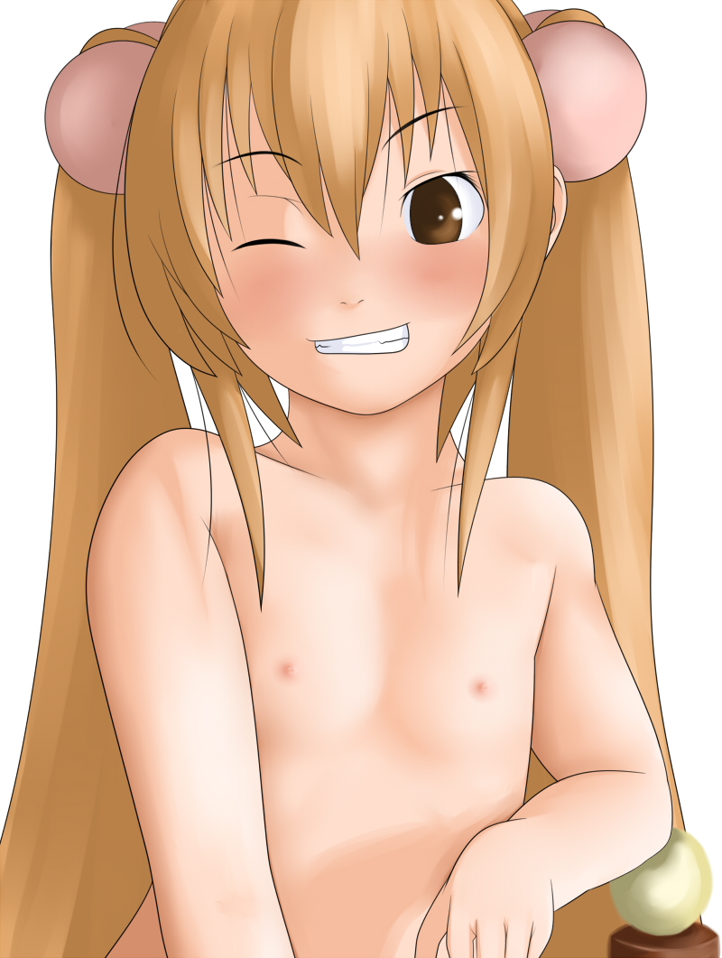 hentai oyaji, kokonoe rin, kodomo no jikan, bad id, bad pixiv id, 00s, 1girl, blush, brown eyes, brown hair, female focus, flat chest, hair bobbles, hair ornament, loli, long hair, nipples, nude, one eye closed, solo, sphere hair ornament, topless frame, twintails, upper body, wink