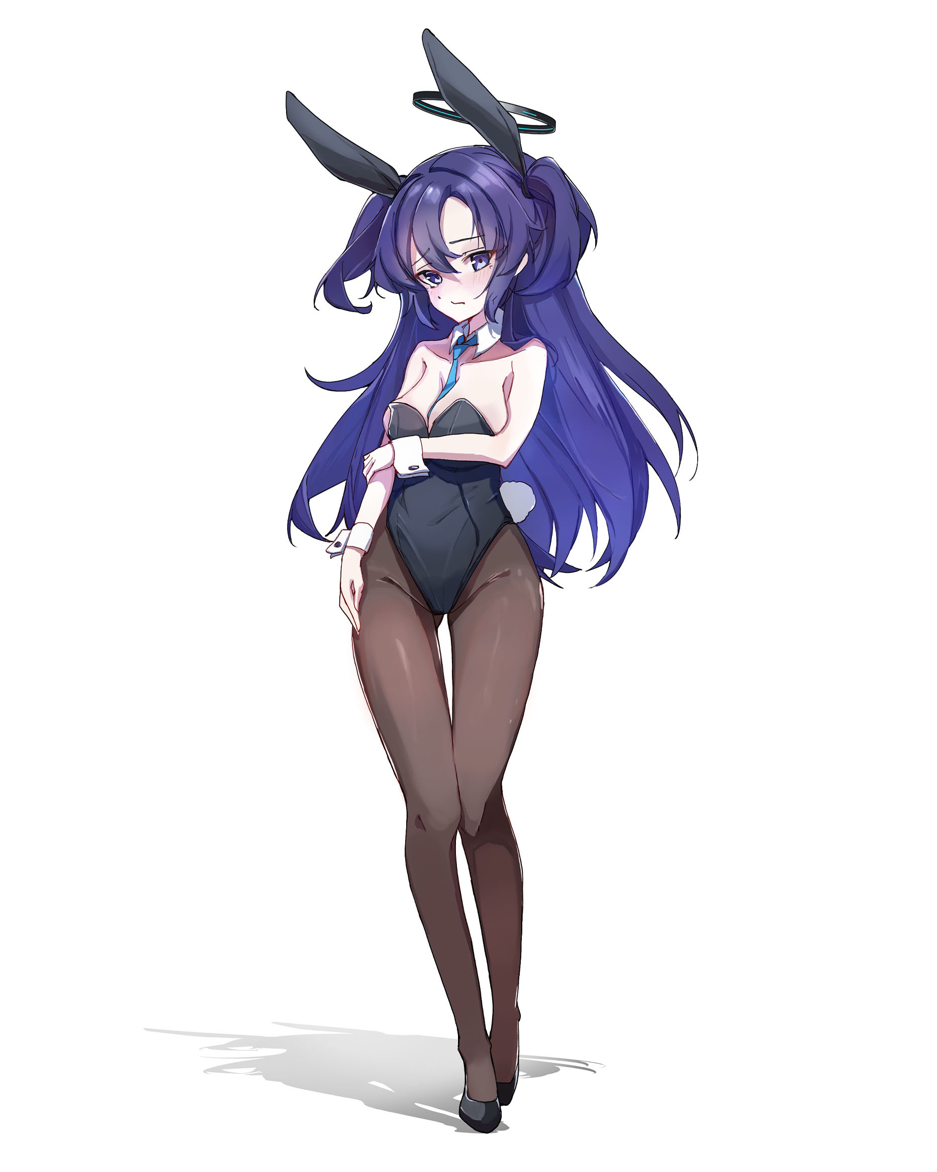 chuansuyushan, yuuka (blue archive), blue archive, highres, 1girl, animal ear hairband, animal ears, black leotard, black pantyhose, blue necktie, breasts, cleavage, detached collar, fake animal ears, full body, hairband, halo, leotard, long hair, looking at viewer, mechanical halo, medium breasts, necktie, pantyhose, playboy bunny, purple eyes, purple hair, rabbit ears, rabbit tail, simple background, solo, strapless, strapless leotard, tail, two side up, white background, wrist cuffs