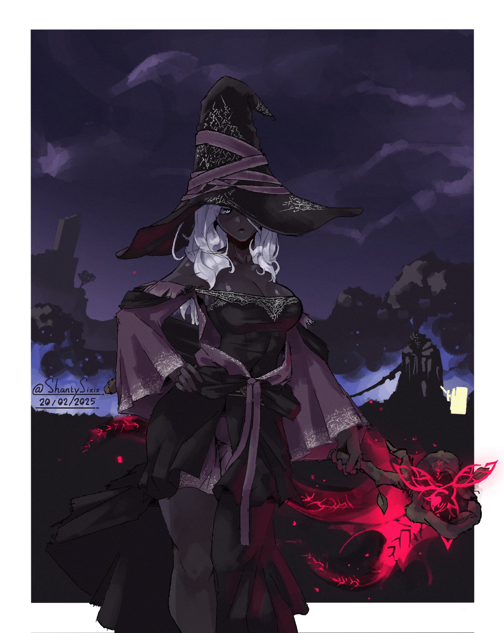 shantysixix, recluse (elden ring), elden ring, elden ring nightreign, highres, 1girl, black skin, blue eyes, breasts, colored eyelashes, colored skin, dark-skinned female, dark skin, dress, full body, hat, hat over eyes, large breasts, large hat, long hair, very dark skin, white eyelashes, white hair, witch, witch hat, wooden staff
