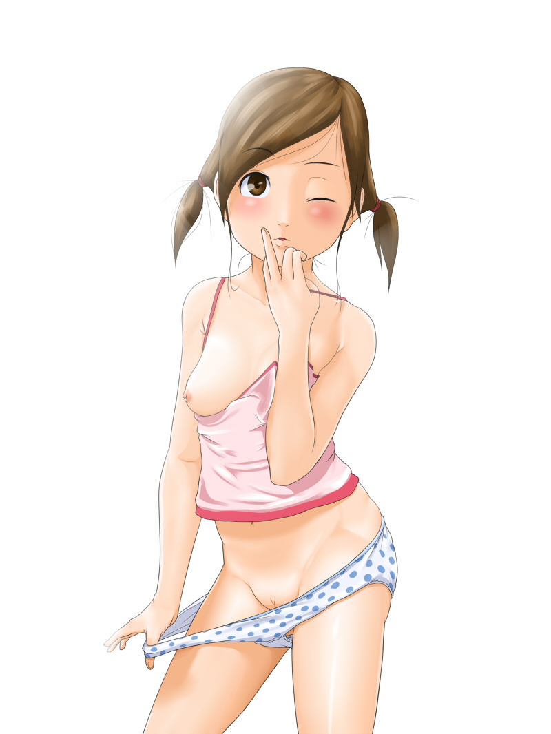 hentai oyaji, original, bad id, bad pixiv id, 1girl, blush, breast slip, breasts, brown hair, female focus, nipples, one breast out, one eye closed, panties, panty pull, polka dot, polka dot panties, pussy, short twintails, solo, twintails, uncensored, underwear, wink
