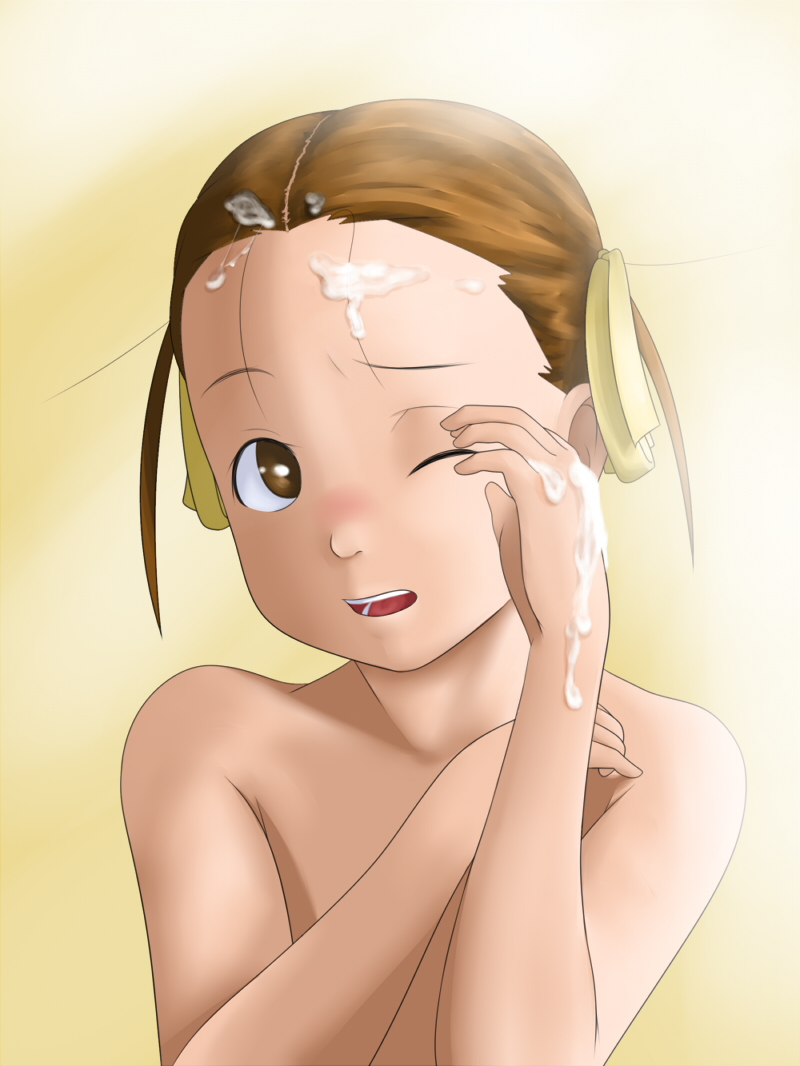 hentai oyaji, bad id, bad pixiv id, 1girl, blush, brown eyes, brown hair, cum, cum on body, cum on hair, facial, female focus, nude, solo, wince