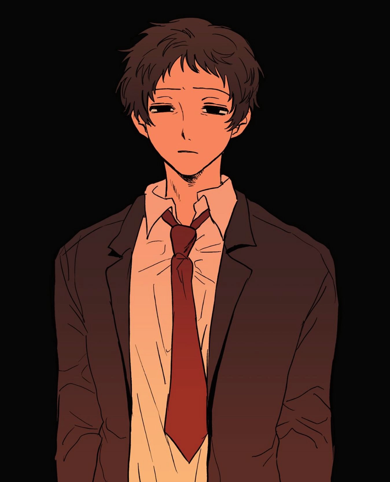 adachi tooru, persona, persona 4, highres, 1boy, black background, black eyes, black jacket, brown hair, closed mouth, collared shirt, empty eyes, jacket, long sleeves, looking at viewer, male focus, necktie, open clothes, open jacket, qnfrjswjsrmfla, red necktie, shirt, simple background, solo, upper body, white shirt