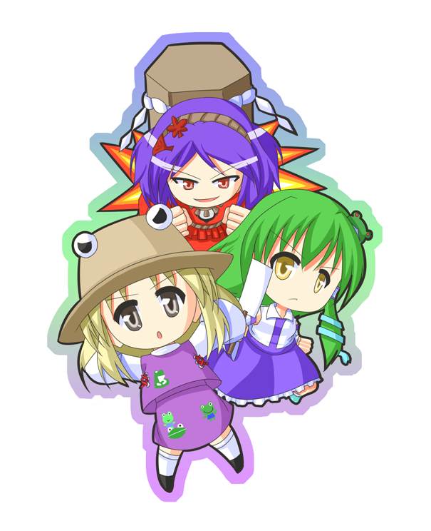 urushi, kochiya sanae, moriya suwako, yasaka kanako, touhou, 3girls, blonde hair, brown eyes, chibi, female focus, frog, green hair, hair ornament, hat, leaf hair ornament, long hair, multiple girls, purple hair, red eyes, short hair, yellow eyes