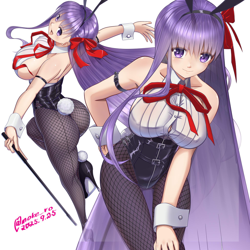 moke ro, bb (fate), fate/extra, fate/extra ccc, fate/grand order, fate (series), commentary request, commission, mixed-language commentary, skeb commission, 1girl, animal ear hairband, animal ears, ass, black leotard, black pantyhose, bow, bowtie, breasts, cane, collared shirt, detached collar, dress shirt, fake animal ears, fishnet pantyhose, fishnets, hairband, large breasts, leotard, long hair, multiple views, pantyhose, playboy bunny, purple eyes, purple hair, rabbit ears, rabbit tail, shirt, simple background, sleeveless, sleeveless shirt, tail, thong leotard, very long hair, white background, white shirt, wrist cuffs