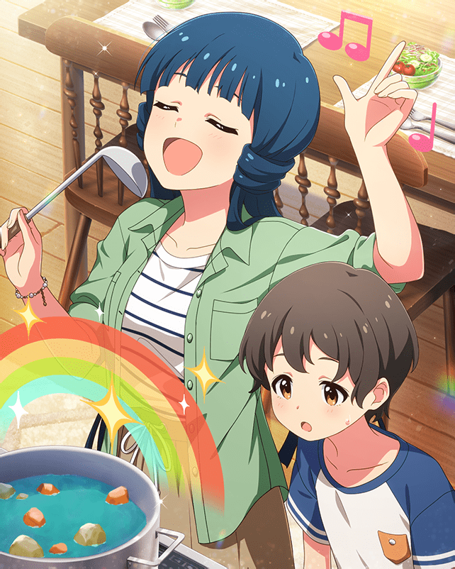 kitakami reika, idolmaster, idolmaster million live!, idolmaster million live! theater days, game cg, official art, blue hair, bracelet, brown eyes, brown hair, buttons, card (medium), chair, closed eyes, cooking pot, food, fork, holding, jacket, jewelry, musical note, open mouth, rainbow, spoon, striped clothes, table