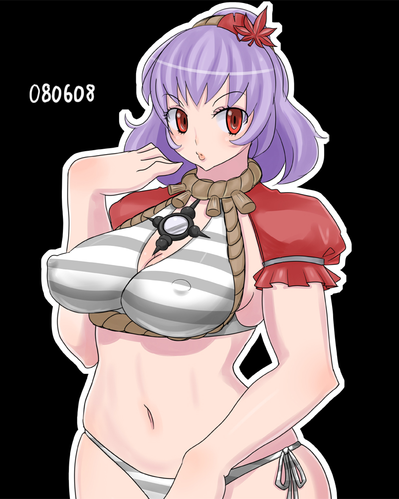 monmonism, yasaka kanako, touhou, bad id, bad pixiv id, 1girl, bikini, blush, breasts, covered erect nipples, female focus, hair ornament, large breasts, leaf, leaf hair ornament, navel, nipples, purple hair, red eyes, side-tie bikini bottom, solo, striped bikini, striped clothes, swimsuit