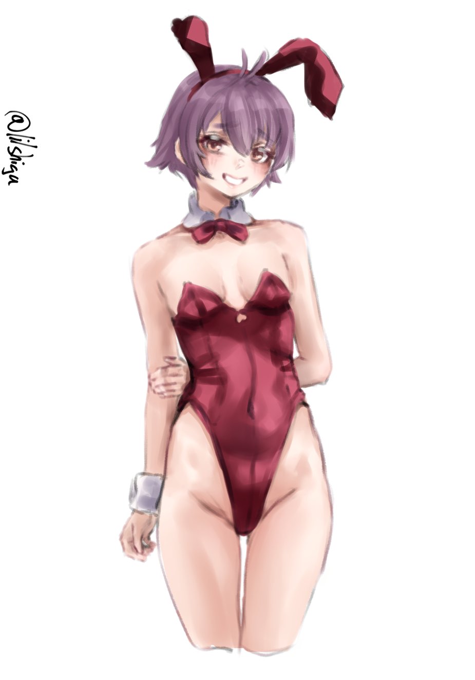 lilshigu, sakawa (kancolle), kantai collection, highres, 1girl, animal ear hairband, animal ears, bow, bowtie, breasts, brown eyes, cowboy shot, detached collar, fake animal ears, grey hair, grin, hairband, highleg, highleg leotard, leotard, one-hour drawing challenge, playboy bunny, rabbit ears, red bow, red bowtie, red leotard, short hair, simple background, small breasts, smile, solo, strapless, strapless leotard, thigh gap, white background, wrist cuffs