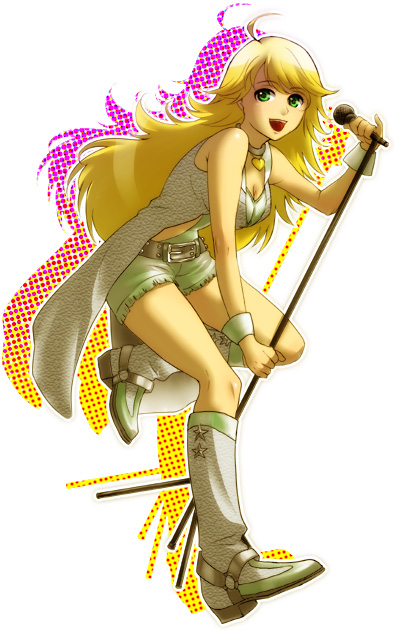 higi (rodriguez), hoshii miki, idolmaster, idolmaster (classic), idolmaster 1, 00s, ahoge, belt, blonde hair, boots, cool & sexy (idolmaster), green eyes, microphone, microphone stand, solo