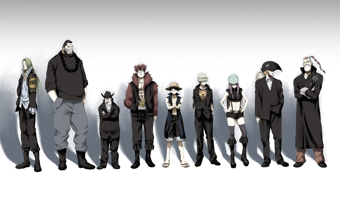 iridori, basil hawkins, capone gang bege, eustass kid, jewelry bonney, monkey d. luffy, scratchmen apoo, trafalgar law, urouge, x drake, ghost in the shell, ghost in the shell: stand alone complex, one piece, supernova, 1girl, 6+boys, belt, boots, cigar, everyone, formal clothes, ghost in the shell lineup, glasses, hat, jacket, jewelry, lace, lineup, long sideburns, multiple boys, necklace, orange hair, parody, patterned legwear, pirate, red hair, sandals, sideburns, straw hat, suspenders