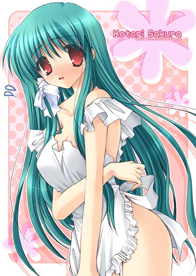 izumi makoto, sakura kotori, original, non-web source, 1girl, apron, embarrassed, female focus, green hair, naked apron, red eyes, short hair, solo