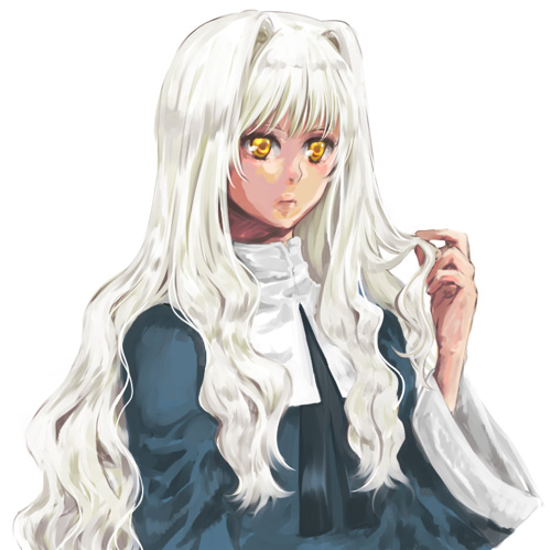 higi (rodriguez), caren hortensia, fate/stay night, fate (series), bad id, bad pixiv id, lowres, 00s, curly hair, long hair, nun, solo, traditional nun, white hair, yellow eyes