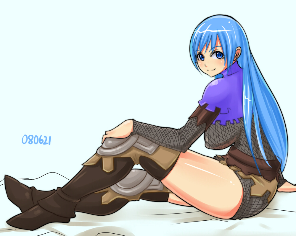 monmonism, fantasy earth zero, bad id, bad pixiv id, 1girl, blue eyes, blue hair, boots, breasts, female focus, fishnets, large breasts, long hair, matching hair/eyes, sitting, smile, solo, thigh boots, thighhighs