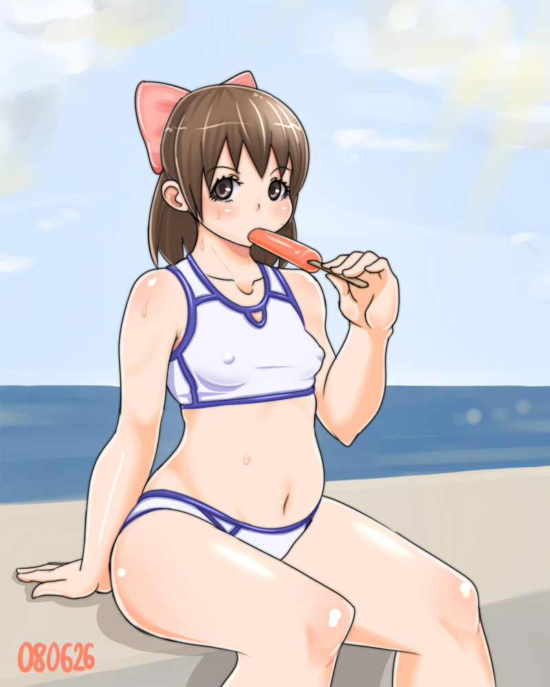 monmonism, aoi minamo, real drive, bad id, bad pixiv id, 1girl, bikini, blush, bow, breasts, brown eyes, brown hair, covered erect nipples, day, female focus, food, hair ribbon, nipples, pink bow, plump, popsicle, ribbon, sitting, small breasts, solo, sports bikini, sweat, swimsuit