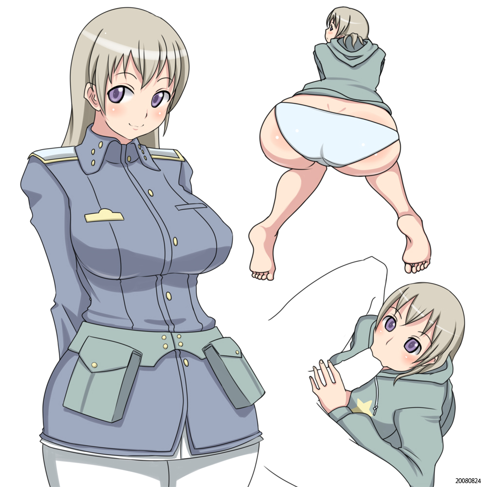 monmonism, eila ilmatar juutilainen, strike witches, world witches series, bad id, bad pixiv id, 00s, 1boy, 1girl, :>=, ass, barefoot, blush, breasts, feet, fellatio, hetero, hip focus, large breasts, long hair, multiple views, oral, panties, pantyhose, penis, purple eyes, uncensored, underwear, white pantyhose, wide hips