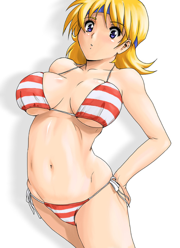 shu-z, lune zoldark, banpresto, super robot wars, super robot wars original generation, super robot wars the lord of elemental, 1girl, bikini, blonde hair, blue eyes, breasts, female focus, headband, shiny skin, short hair, simple background, solo, striped bikini, striped clothes, swimsuit