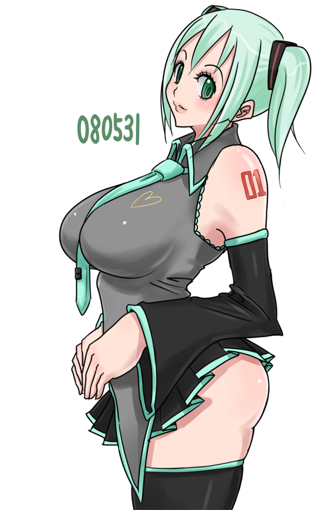 monmonism, hatsune miku, vocaloid, bad id, bad pixiv id, alternate breast size (larger), breasts, detached sleeves, green eyes, green hair, huge breasts, necktie, short hair, skirt, solo, thighhighs, twintails